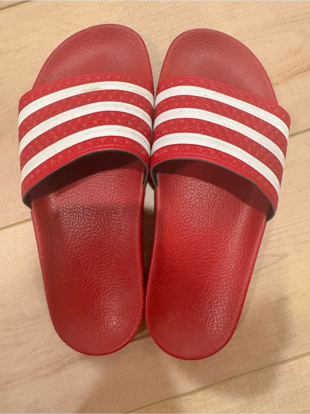 adidas Red Slide Sandals with White Stripes